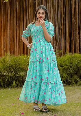 Blue Abstract Print Georgette Gown