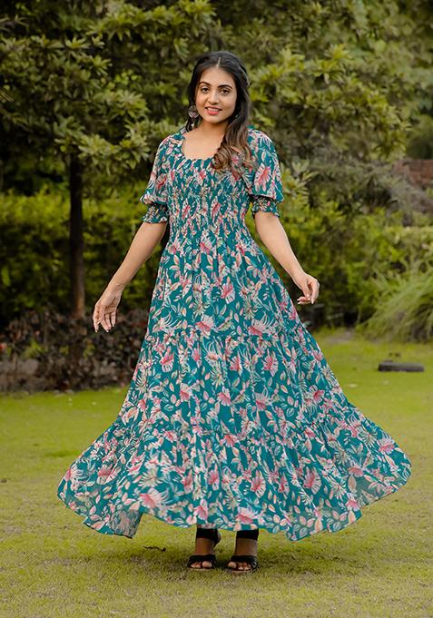 Green Abstract Print Georgette Gown