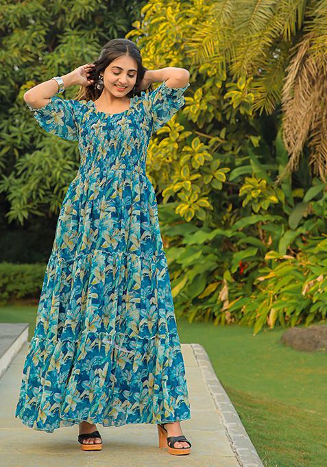 Blue Abstract Print Georgette Gown