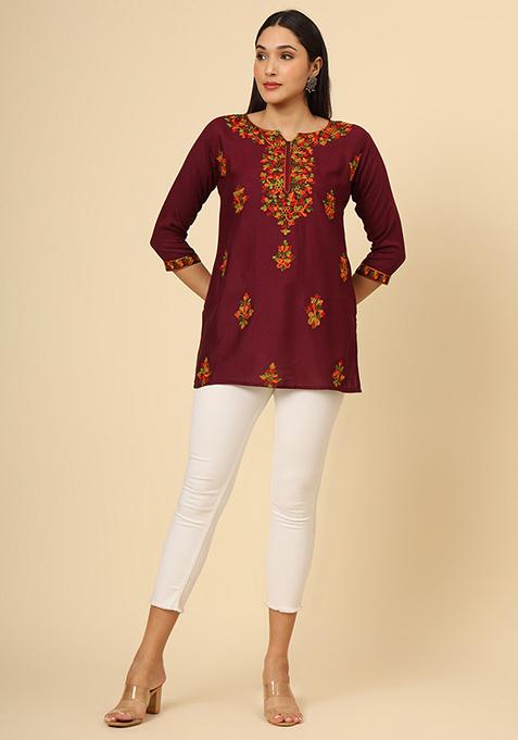 Maroon Resham Embroidered Rayon Kurta