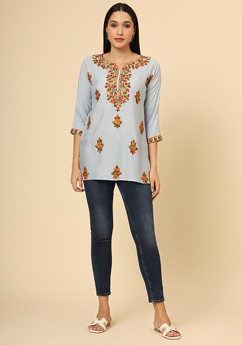 Grey Resham Embroidered Rayon Kurta