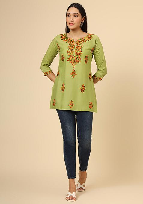 Green Resham Embroidered Rayon Kurta