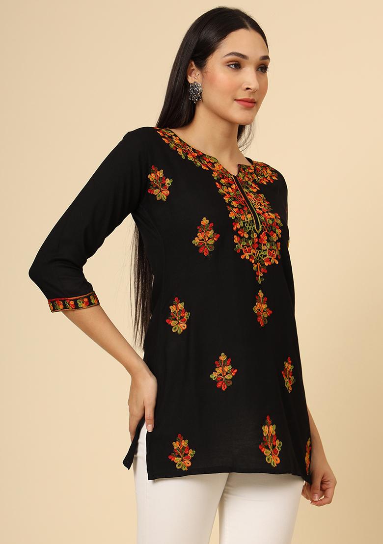 Black Resham Embroidered Rayon Kurta