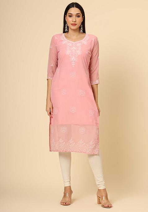 Pink Resham Embroidered Georgette Kurta