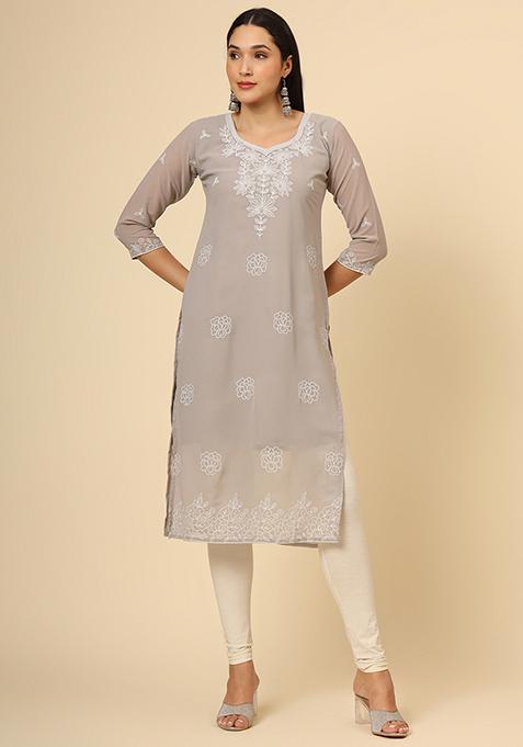 Grey Resham Embroidered Georgette Kurta