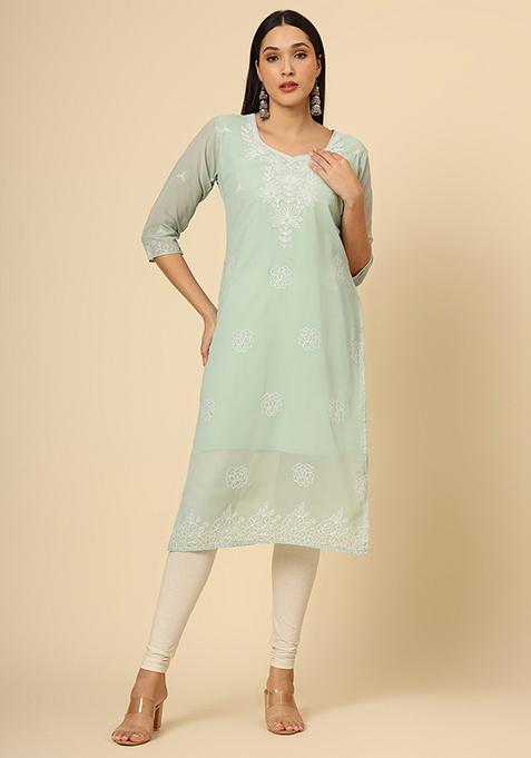 Sea Green Resham Embroidered Georgette Kurta