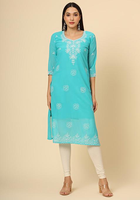 Blue Resham Embroidered Georgette Kurta