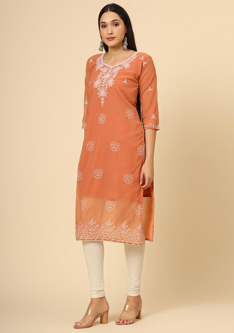 Orange Resham Embroidered Georgette Kurta - Indya