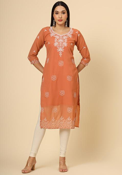 Orange Resham Embroidered Georgette Kurta