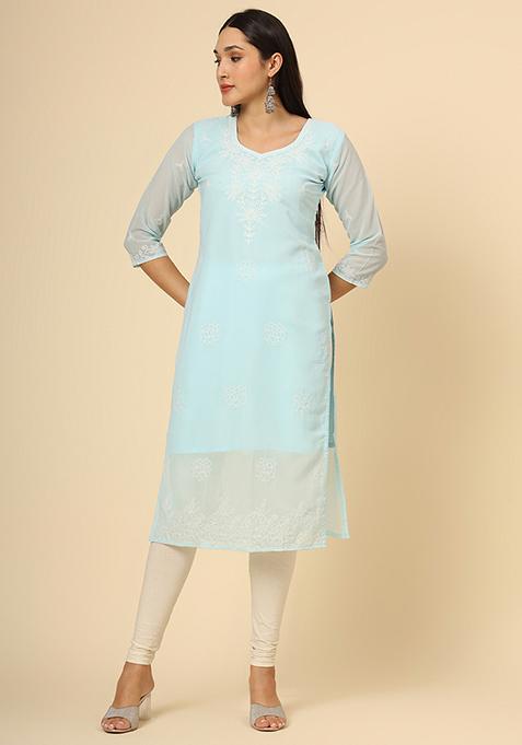 Sky Blue Resham Embroidered Georgette Kurta