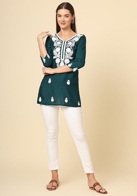 Teal Blue Resham Embroidered Rayon Kurta