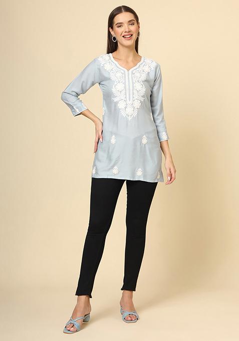 Grey Resham Embroidered Rayon Kurta