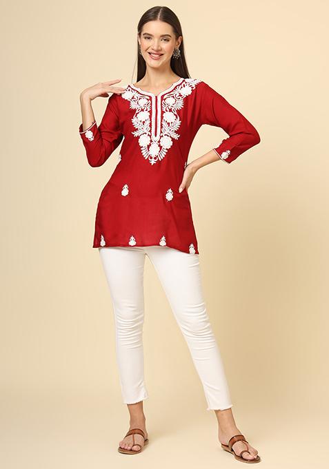 Red Resham Embroidered Rayon Kurta