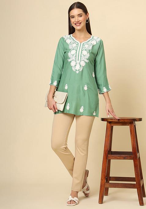 Green Resham Embroidered Rayon Kurta