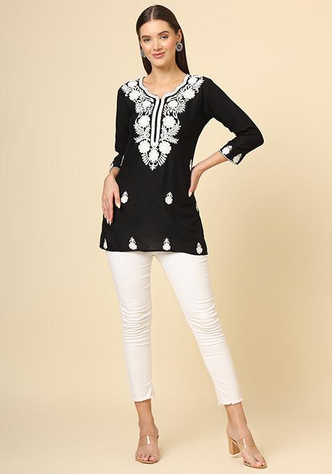 Black Resham Embroidered Rayon Kurta