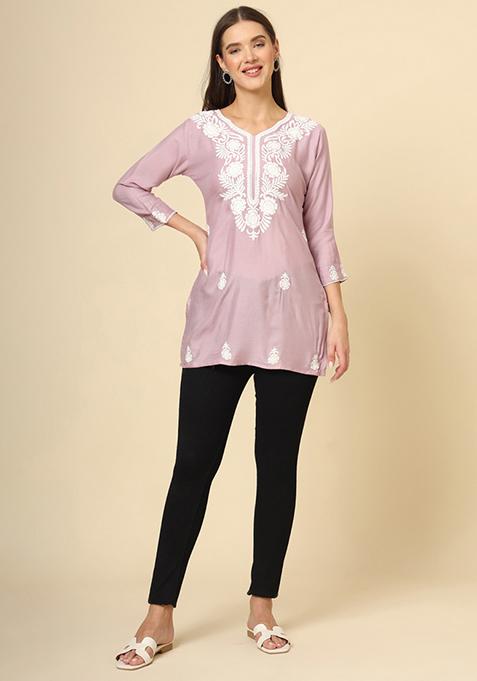 Purple Resham Embroidered Rayon Kurta