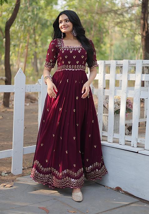 Wine Sequin Embroidered Georgette Gown