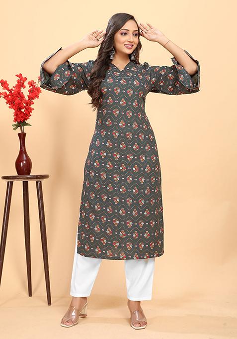 Grey Abstract Print Rayon Kurta Set