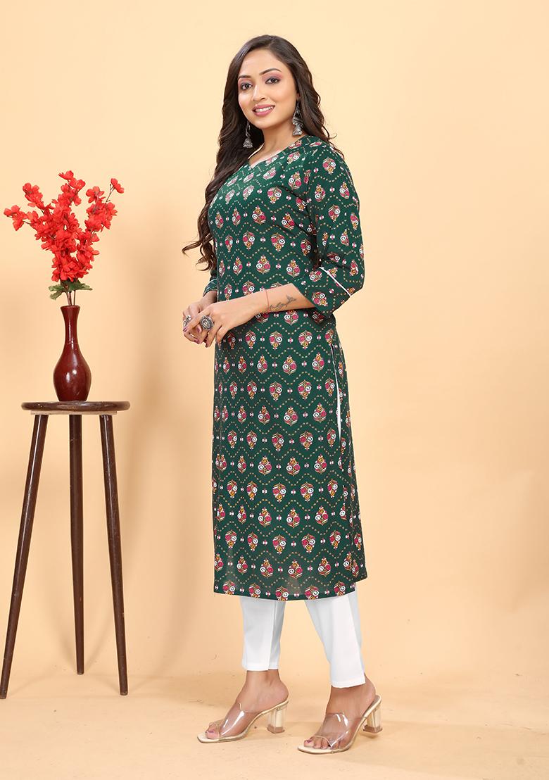 Green Abstract Print Rayon Kurta Set - Indya