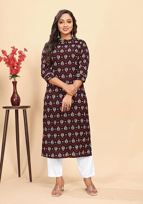 Brown Abstract Print Rayon Kurta Set