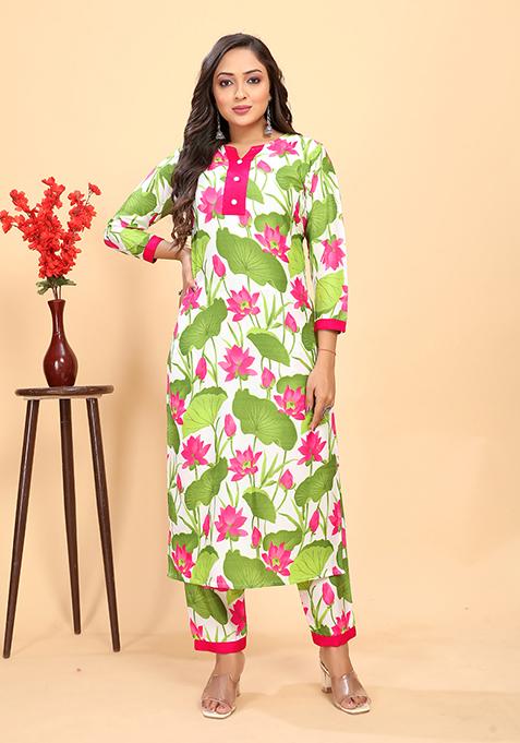 Green Abstract Print Rayon Kurta Set