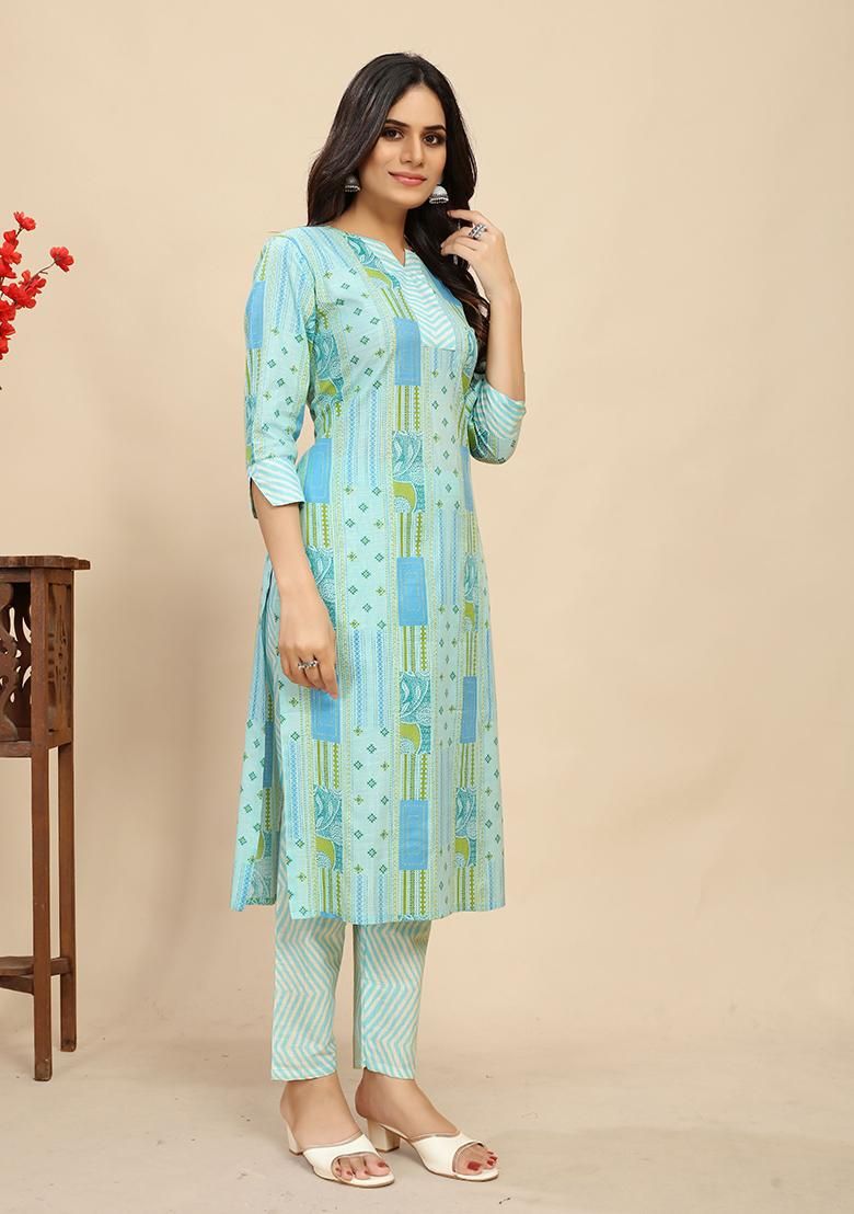 Sky Blue Abstract Print Cotton Kurta Set