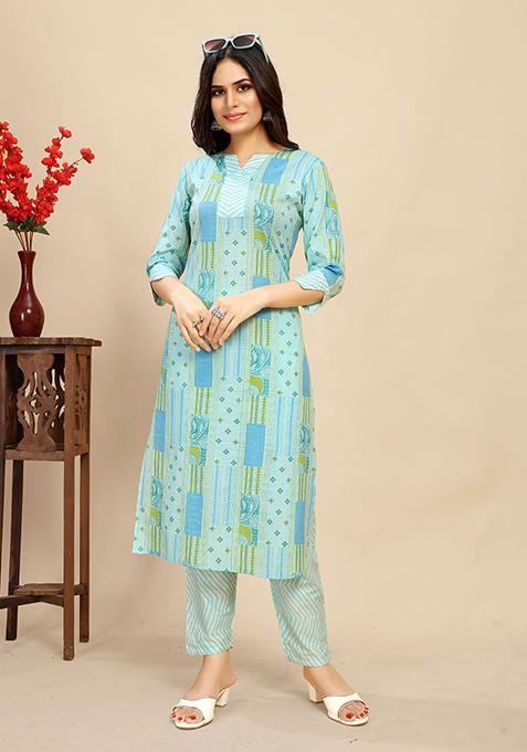 Sky Blue Abstract Print Cotton Kurta Set