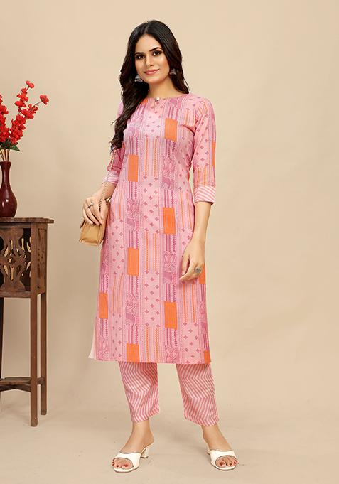 Pink Abstract Print Cotton Kurta Set