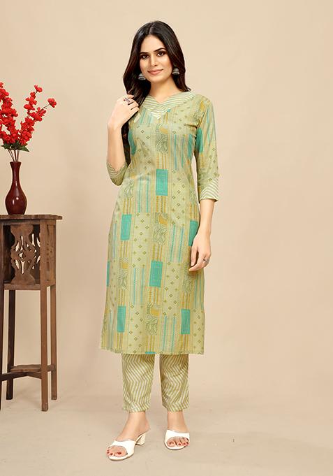 Green Abstract Print Cotton Kurta Set