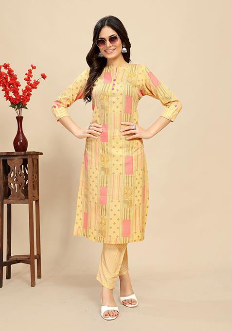 Yellow Abstract Print Cotton Kurta Set