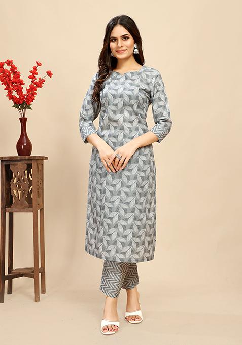 Grey Abstract Print Cotton Kurta Set