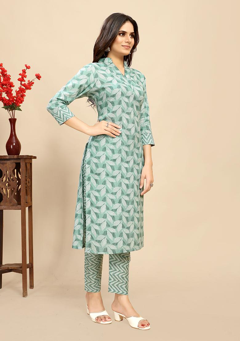 Green Abstract Print Cotton Kurta Set