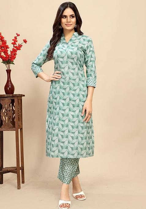 Green Abstract Print Cotton Kurta Set