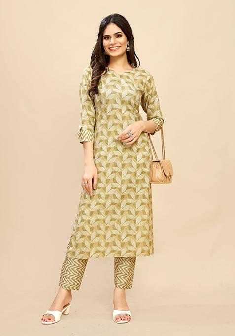 Mustard Abstract Print Cotton Kurta Set