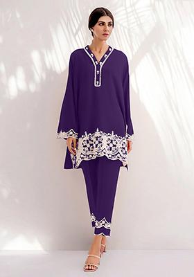 Lavender Resham Embroidered Chanderi Kurta Set