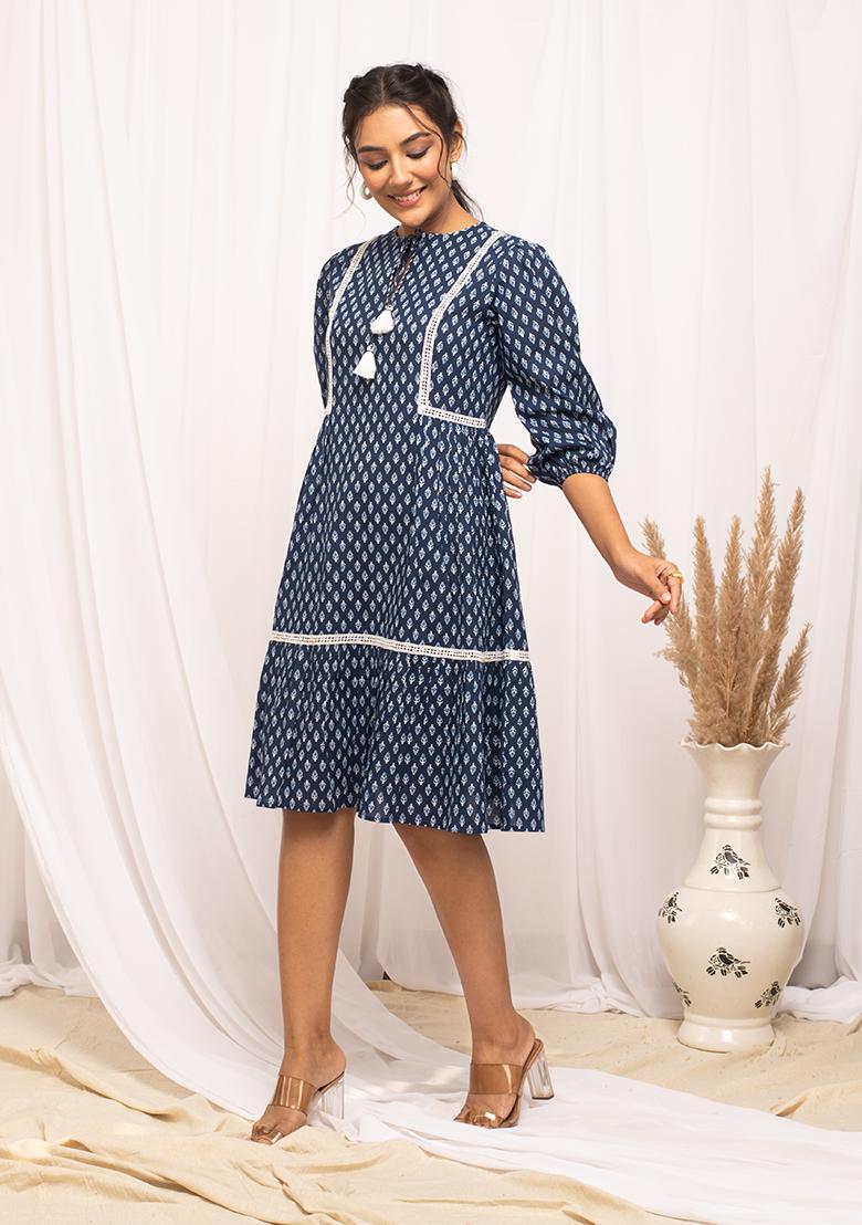Blue Abstract Print Cotton Kurta - Indya