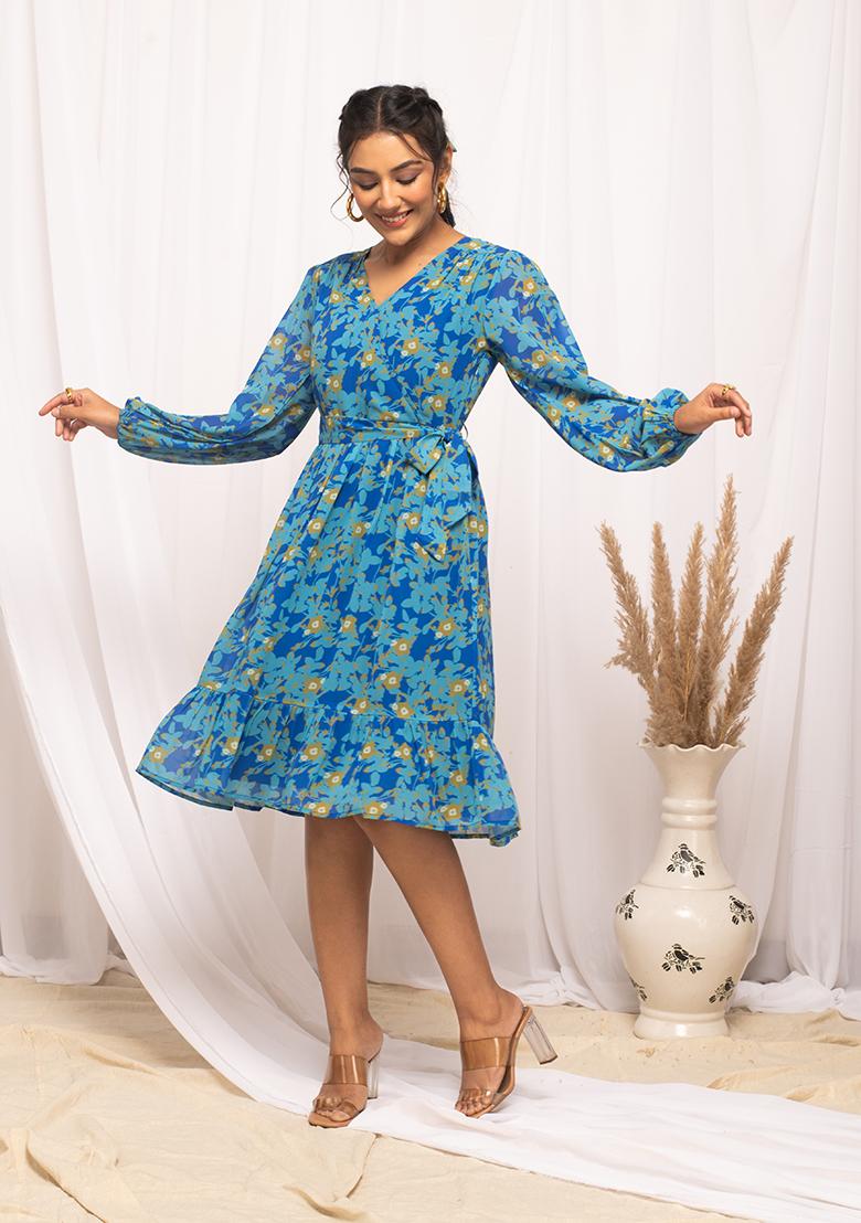 Blue Abstract Print Georgette Kurta - Indya