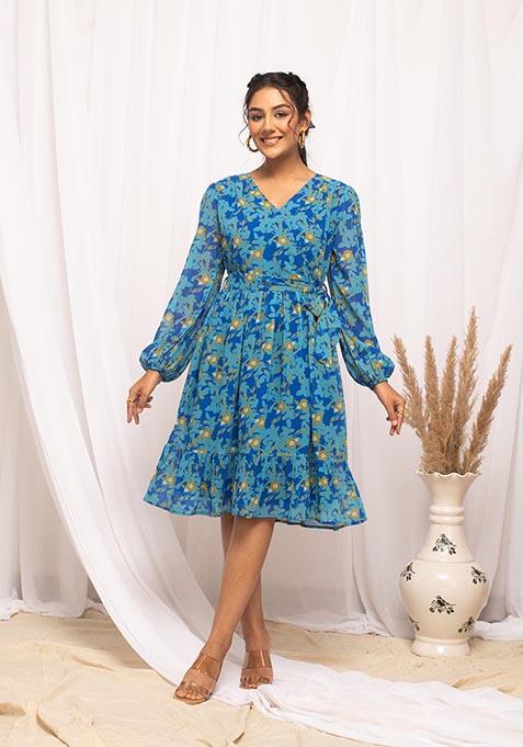 Blue Abstract Print Georgette Kurta