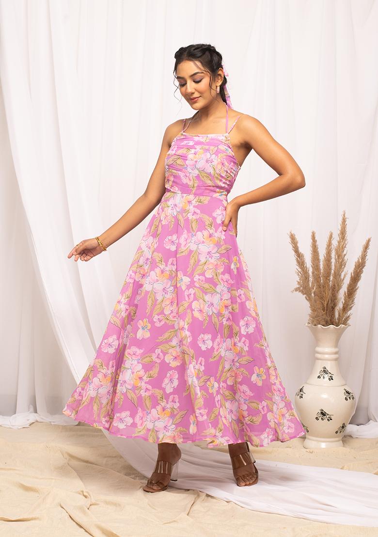 Pink Abstract Print Georgette Kurta