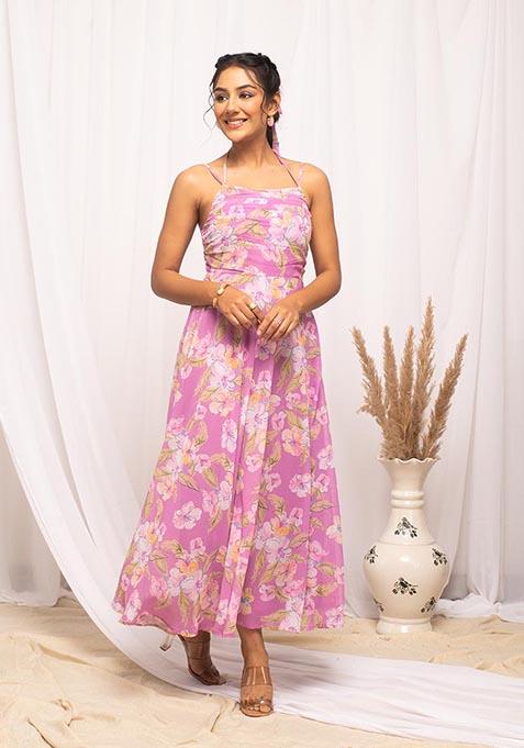 Pink Abstract Print Georgette Kurta