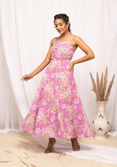 Pink Abstract Print Georgette Kurta