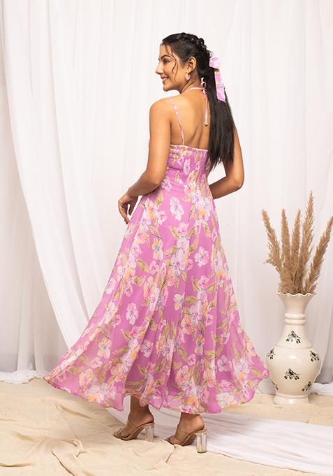 Pink Abstract Print Georgette Kurta