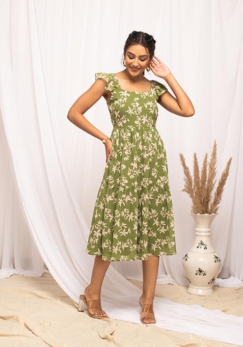 Green Abstract Print Georgette Kurta