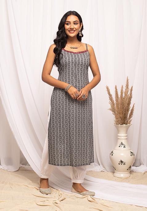 Grey Abstract Print Cotton Kurta