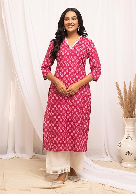 Pink Abstract Print Cotton Kurta