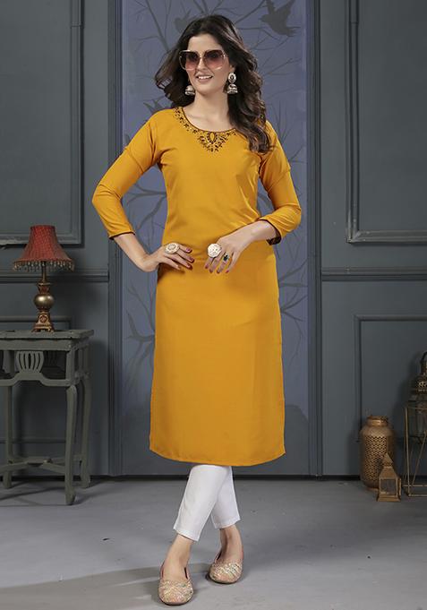 Yellow Abstract Print Cotton Kurta