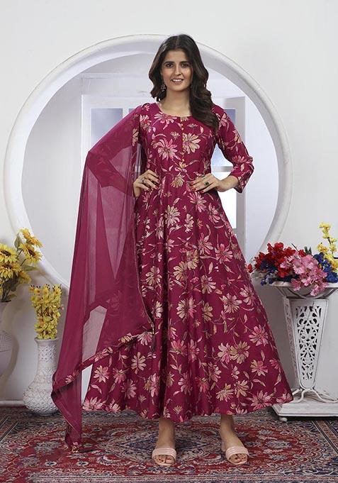 Burgundy Floral Print Chanderi Kurta With Dupatta