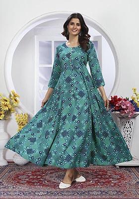 Sea Green Floral Print Rayon Kurta With Dupatta