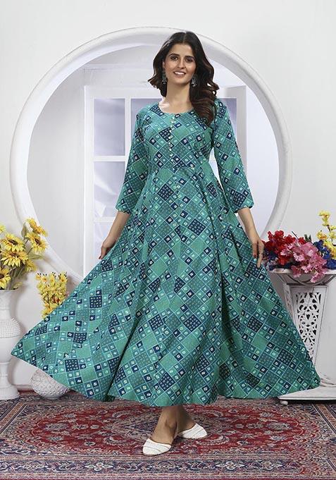 Sea Green Floral Print Rayon Kurta With Dupatta