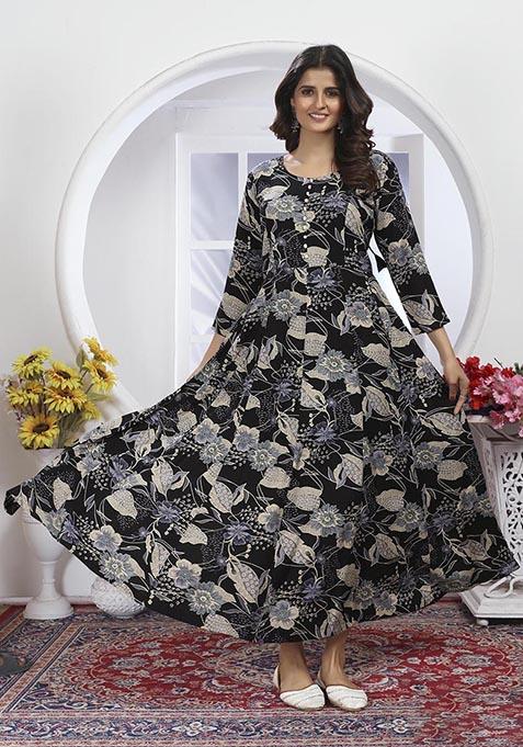 Black Floral Print Rayon Kurta With Dupatta